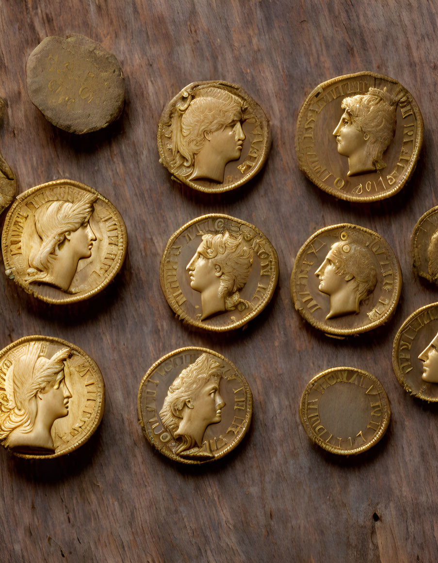 Ancient gold coins with embossed portraits on wooden surface