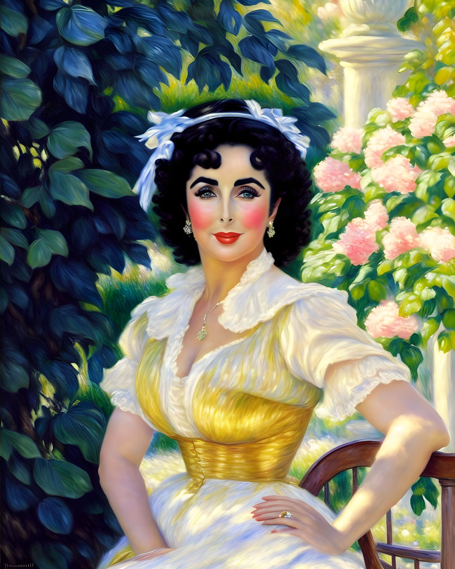 Woman with Dark Hair in Yellow Dress and White Hat Surrounded by Greenery and Pink Flowers