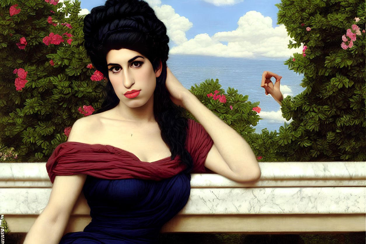 Digital artwork: Woman in red off-shoulder dress, dark hair, lush garden and sea backdrop