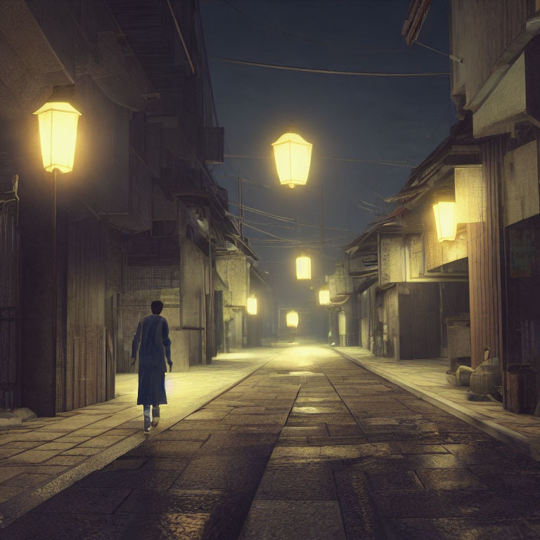 Blue-garmented person strolls dimly lit street with lanterns