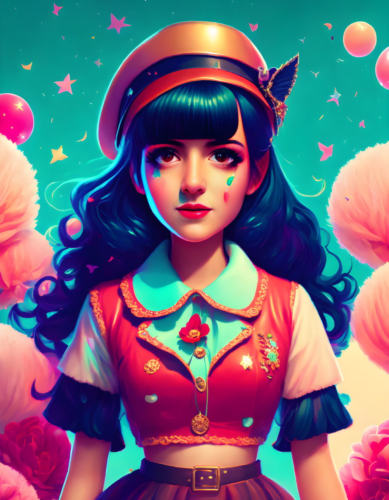 Colorful illustration of girl with blue hair and hat in surreal setting