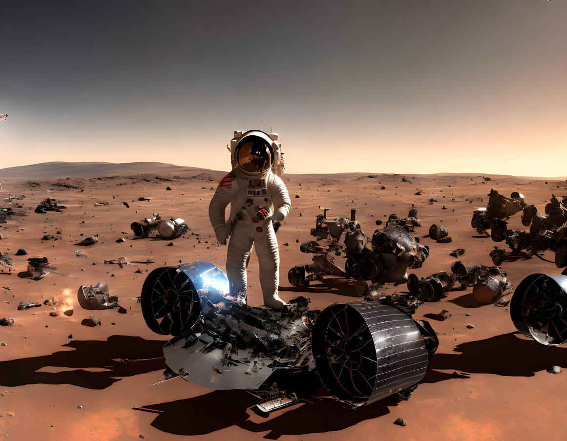 Astronaut on Martian landscape with wrecked spacecraft and rovers