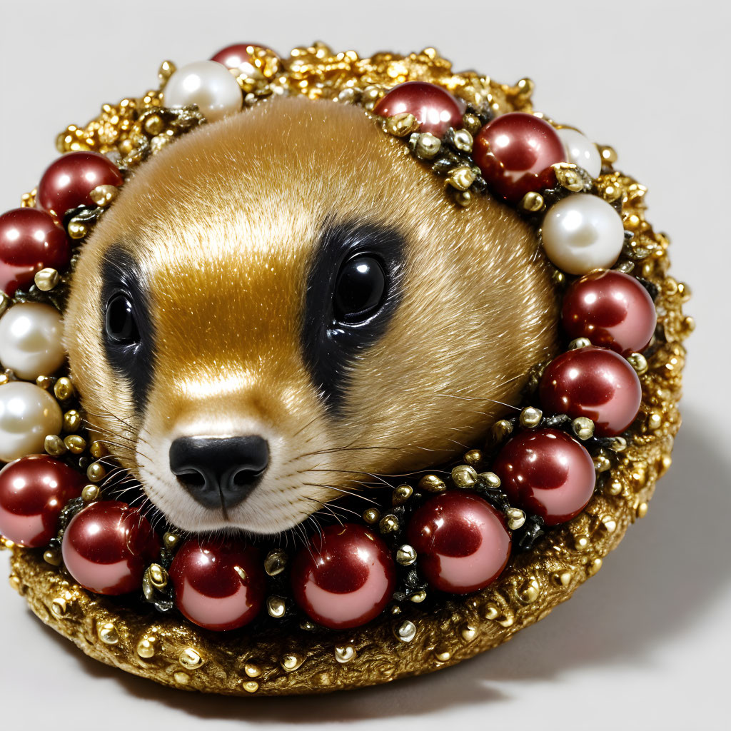 Luxurious Animal Face Brooch with Pearls and Gemstones in Gold, White, and Red