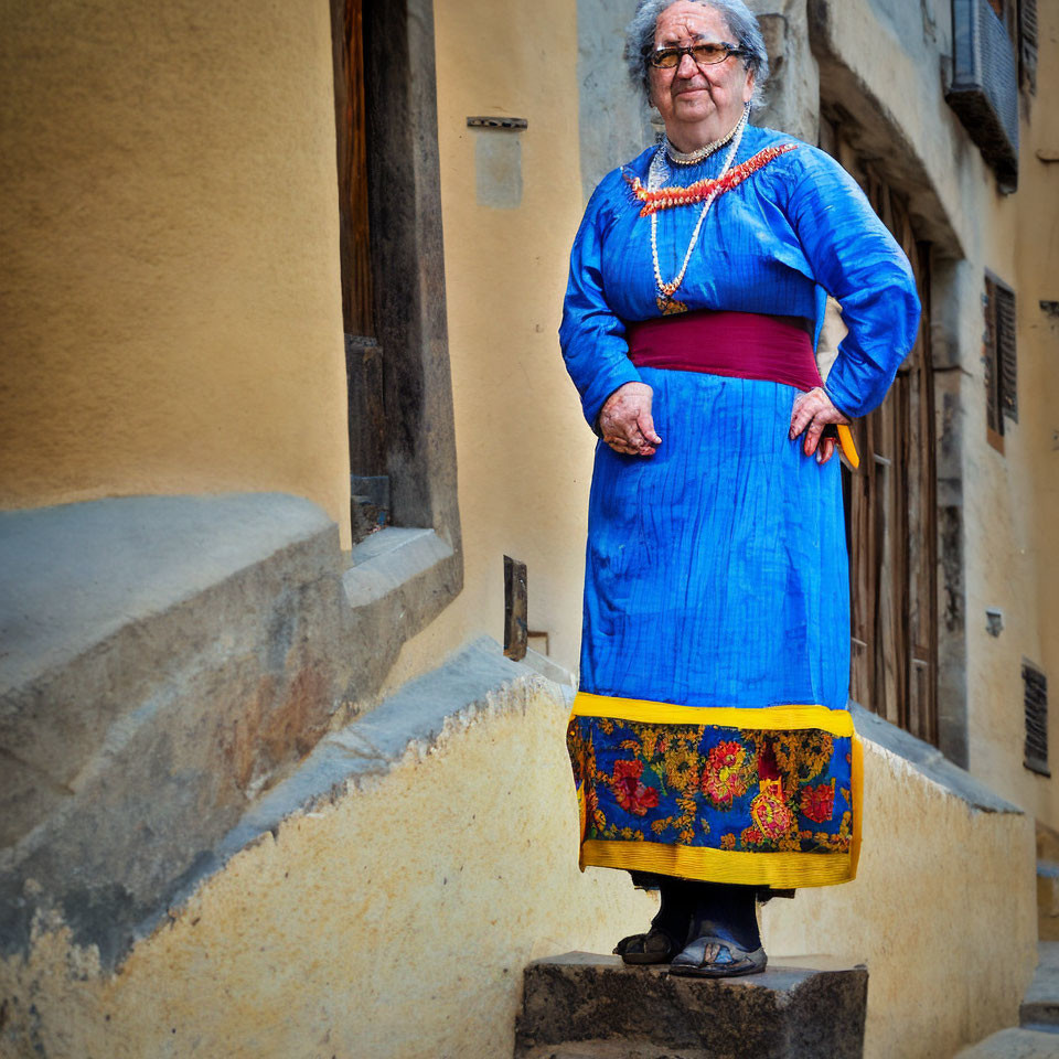 Elderly woman in traditional blue dress with floral embroidery on stone step