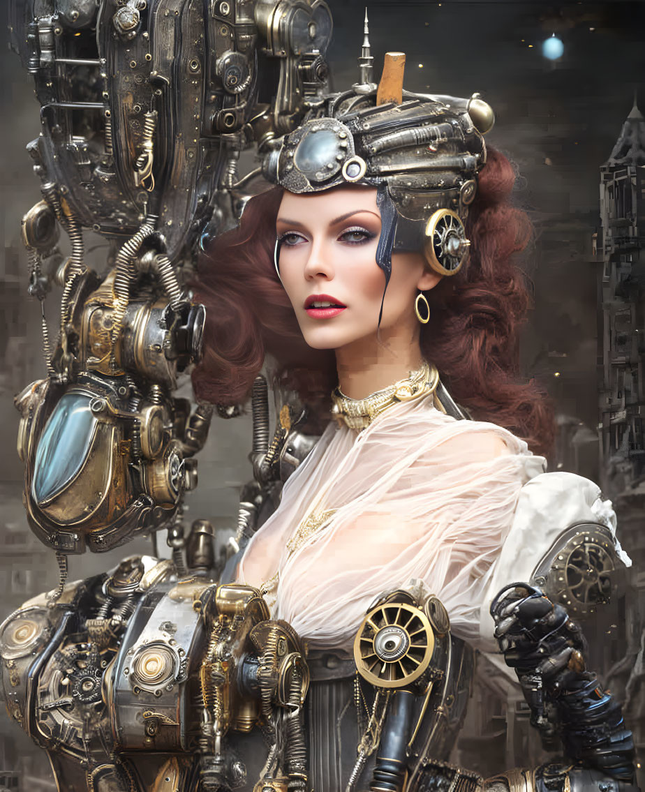 Woman in steampunk attire with mechanical arm and futuristic city backdrop.