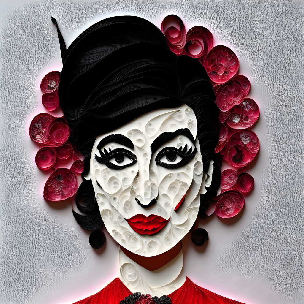 Stylized portrait of woman with black hair and red makeup