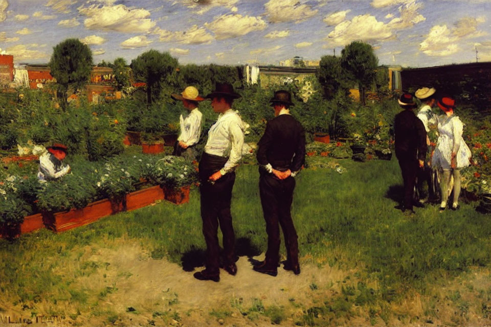 Urban garden painting with people in period attire and cityscape.