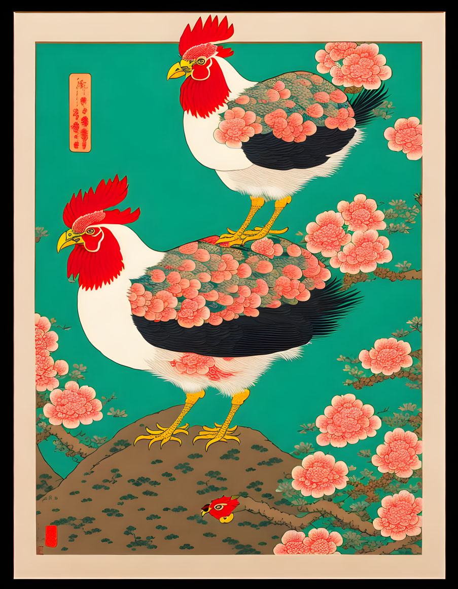 Stylized roosters with pink blossoms on teal background and Asian calligraphy.