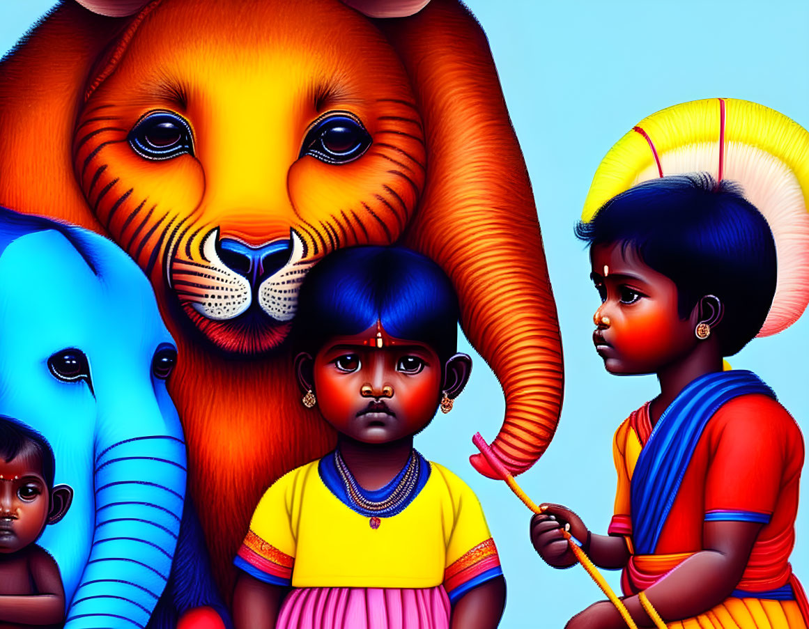 Vibrant wildlife and children illustration on blue background