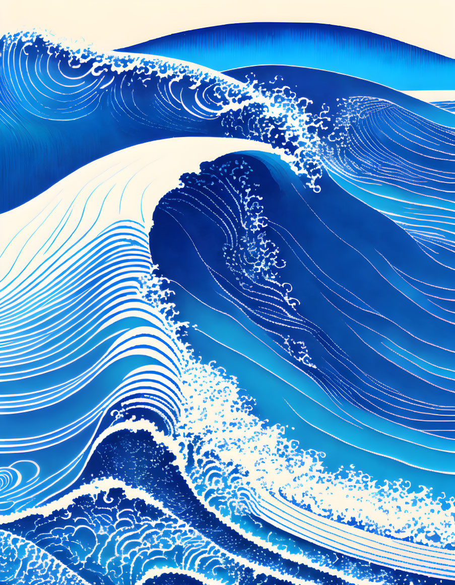 Ocean waves illustration in shades of blue with white crest detailing.