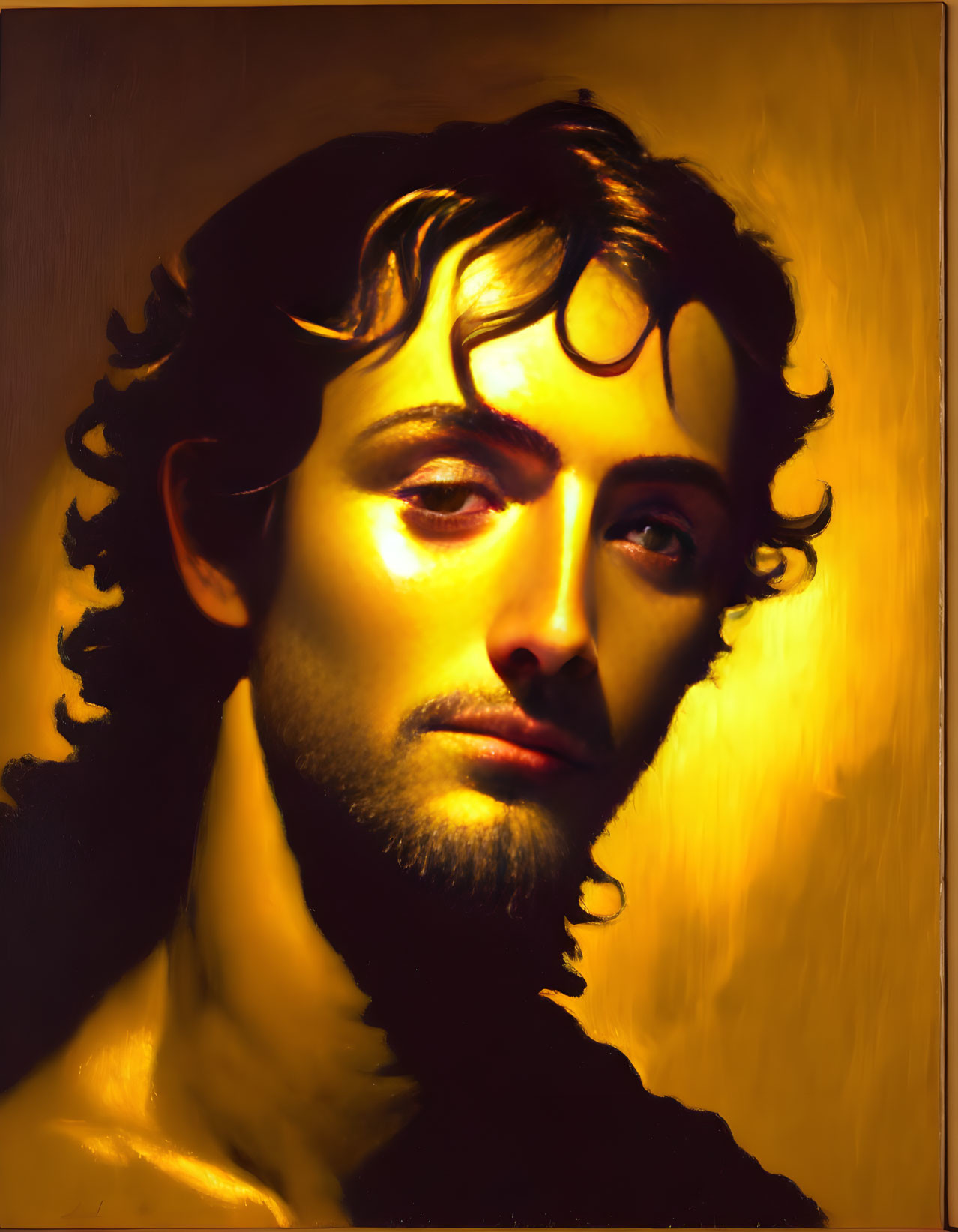 Portrait of a man with olive skin and curly hair in warm golden light