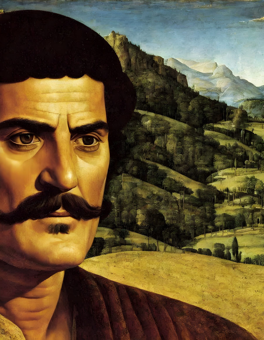 Stylized portrait of a man with a mustache against serene landscape