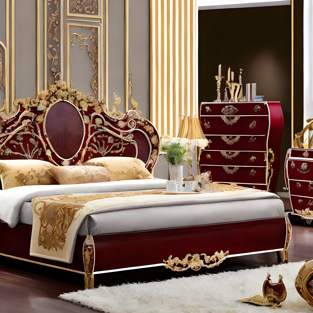 Luxurious Red and Gold Bedroom Decor with Royal Ambiance