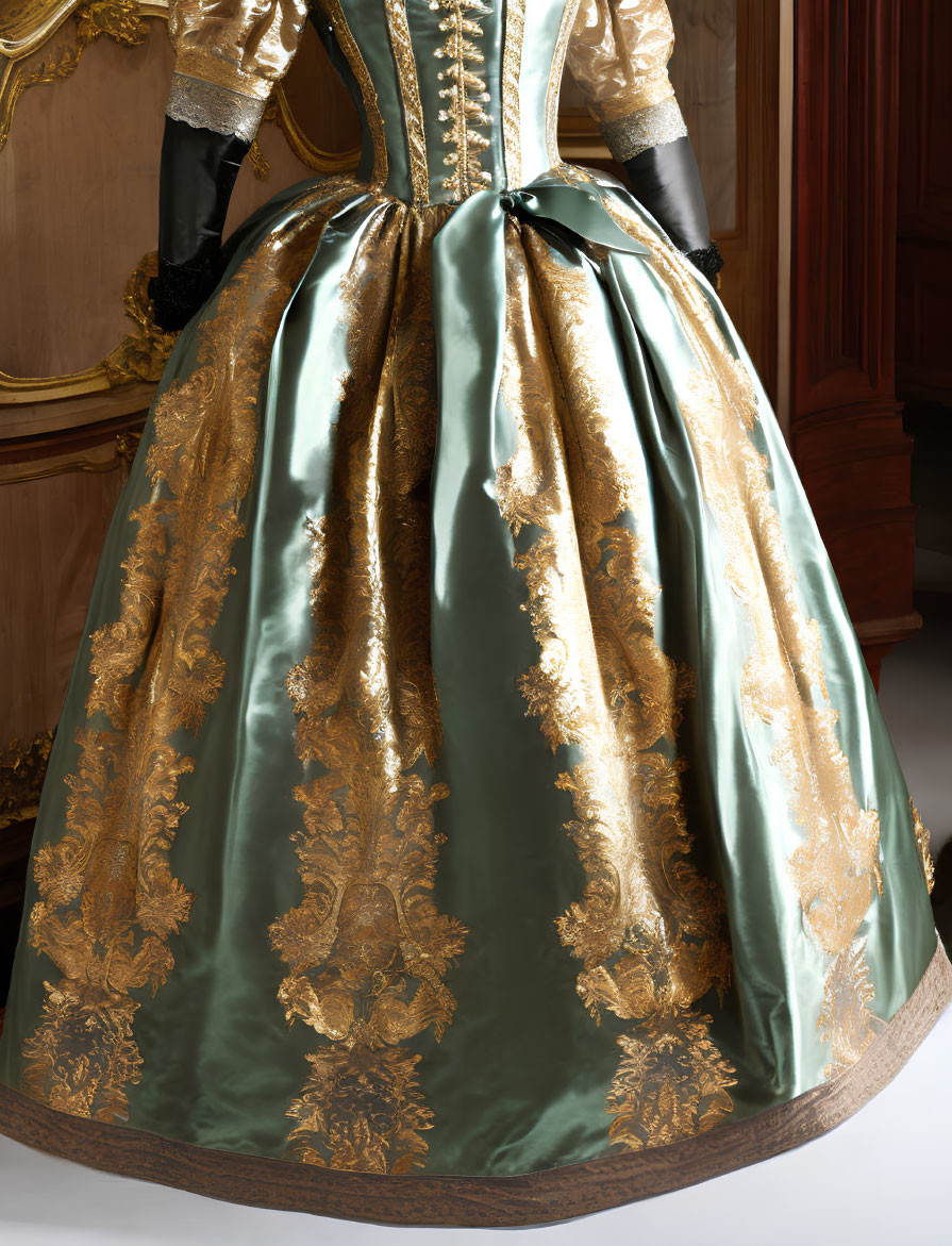 Elaborate Historical Dress with Gold-Patterned Bodice and Emerald Green Skirt