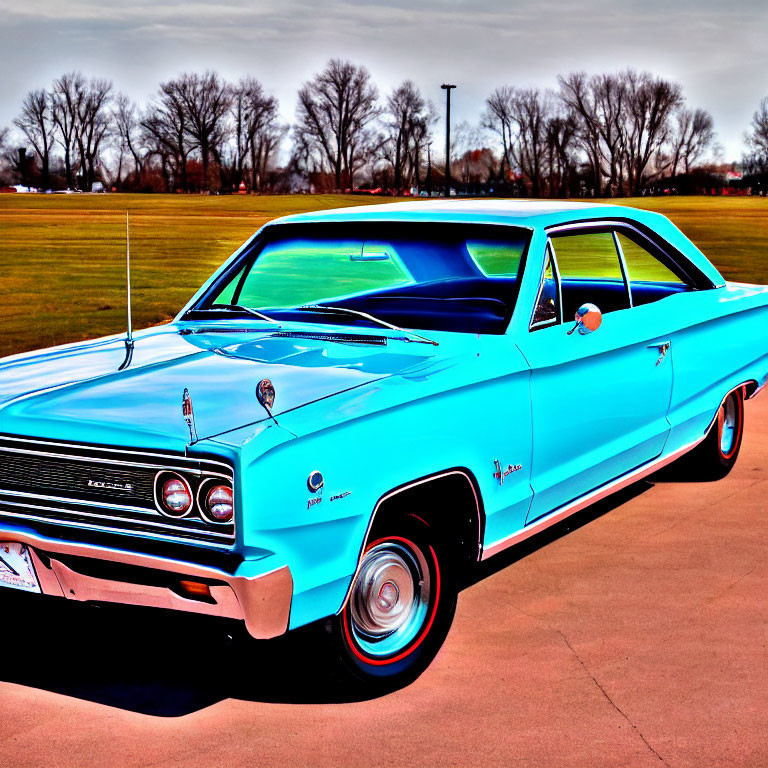 Vintage Turquoise Car with White Top Parked on Grass Near Treeline