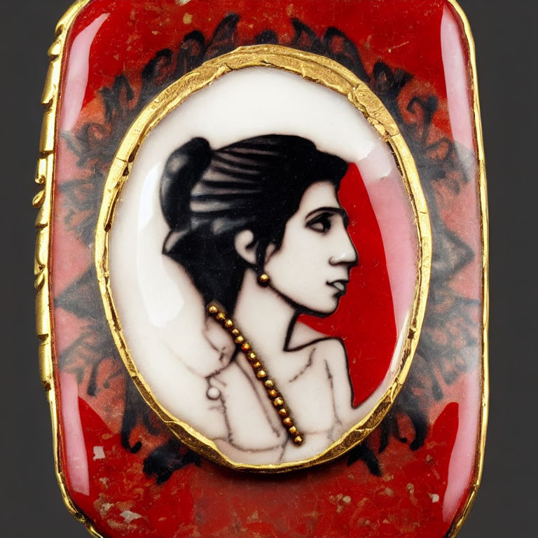 Profile Woman Pendant with Updo Hairstyle in Gold on Red Background