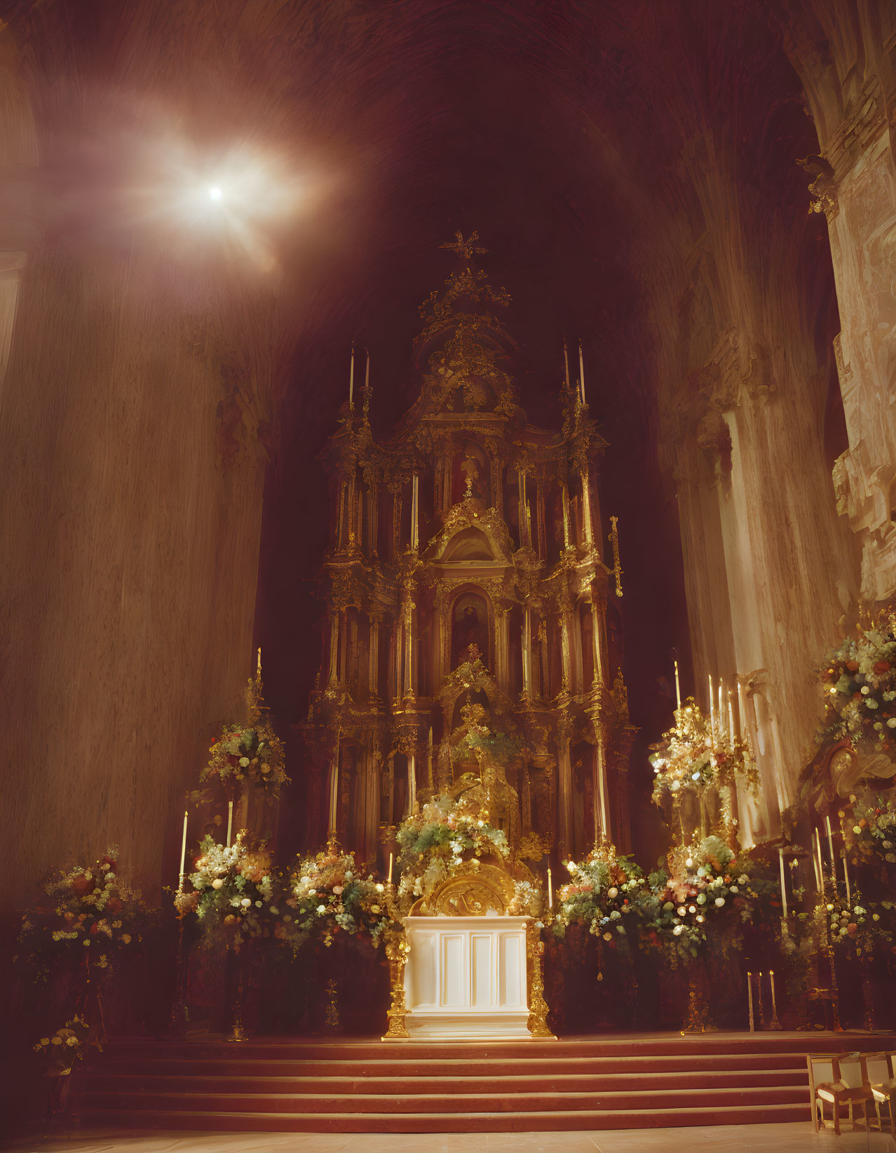 Baroque-style church altar with gold detailing and floral arrangements