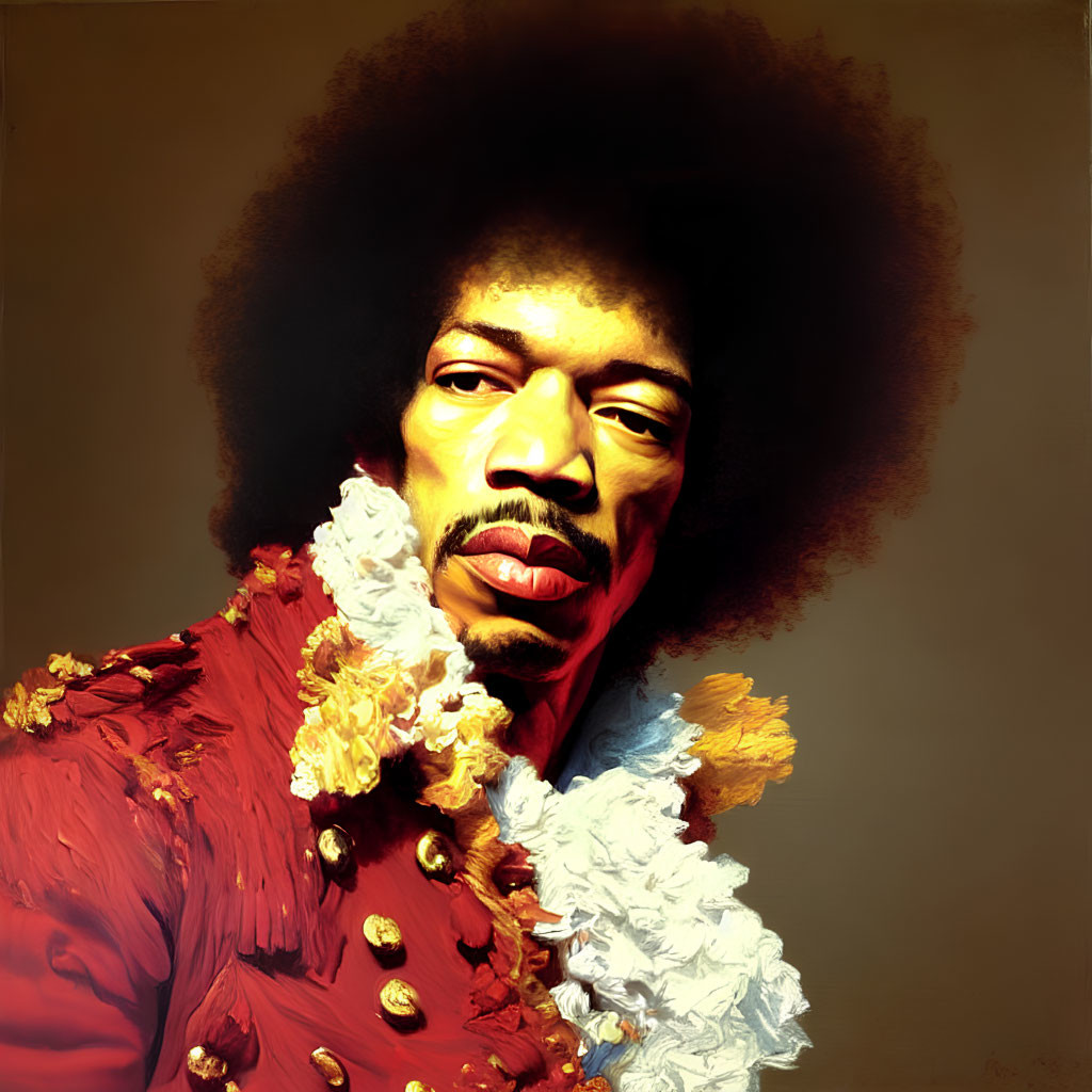 Man with Afro in Red Military-Style Jacket