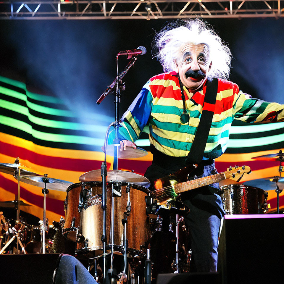 Colorful Striped Outfit Guitarist with Wild White Hair on Stage