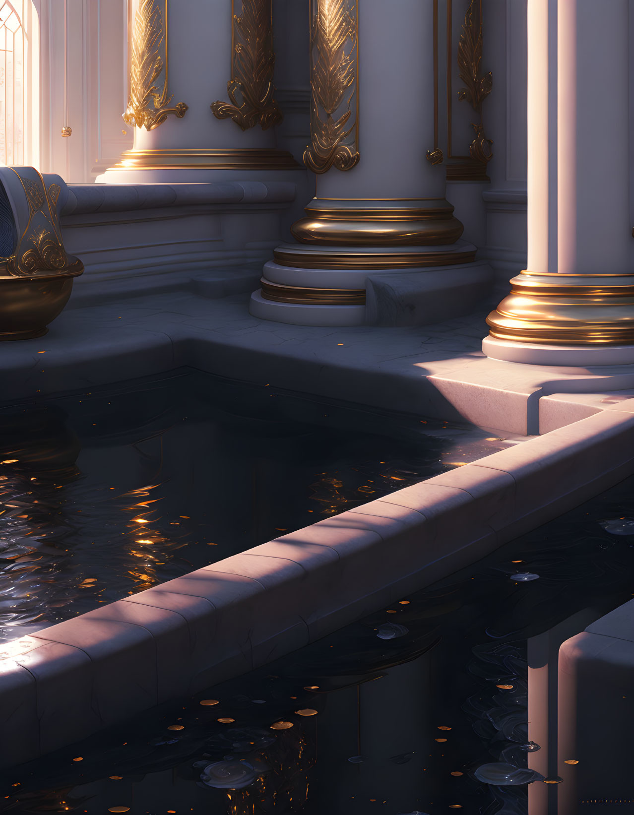 Luxurious Sunlit Bathing Chamber with Golden Accents