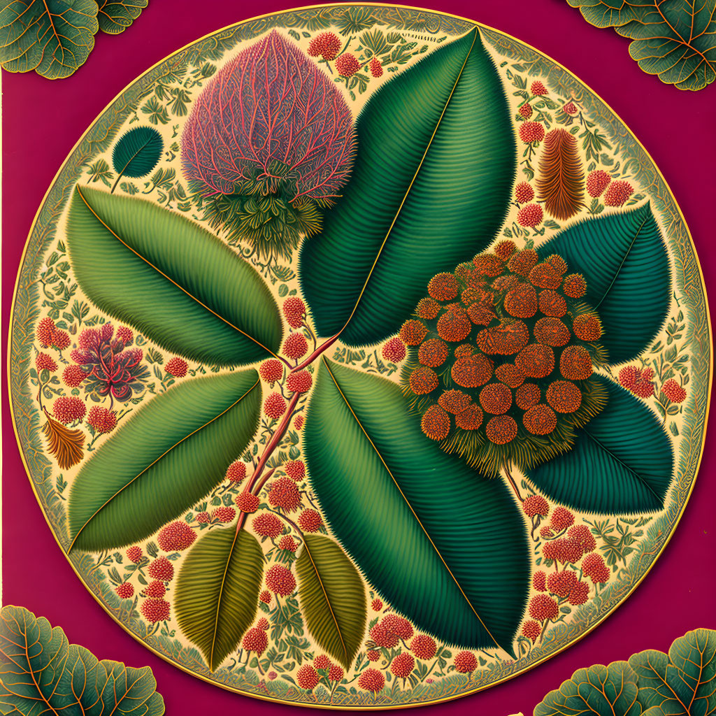 Detailed circular botanical illustration in rich green, red, and gold tones on dark red.