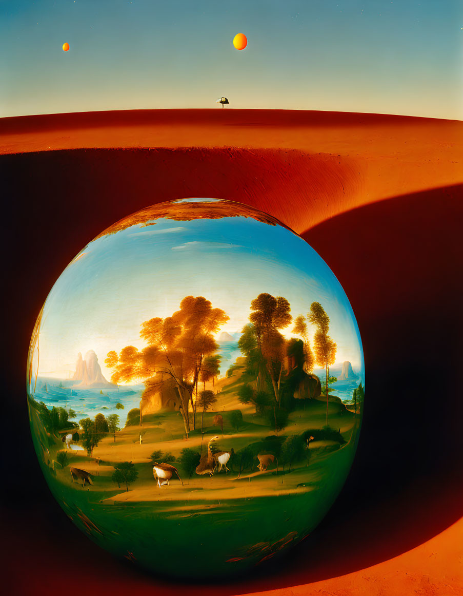 Unique surreal landscape with spherical cut-out, pastoral scene, desert terrain, and dual suns.