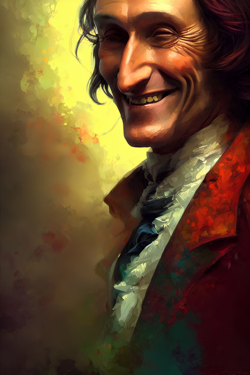 Colorful digital portrait of a smiling person with long hair and red jacket against abstract backdrop