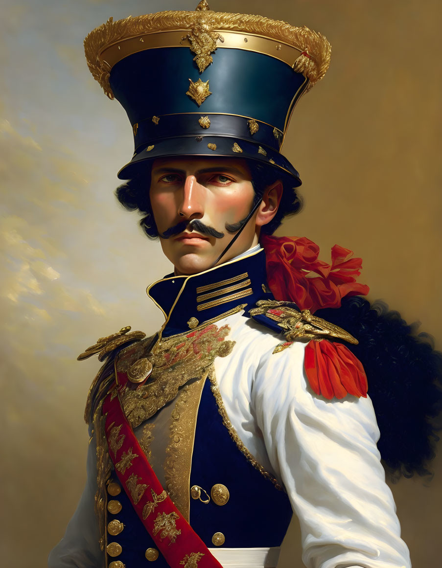 Historical military uniform portrait with tall hat, gold epaulettes, medals, and red s