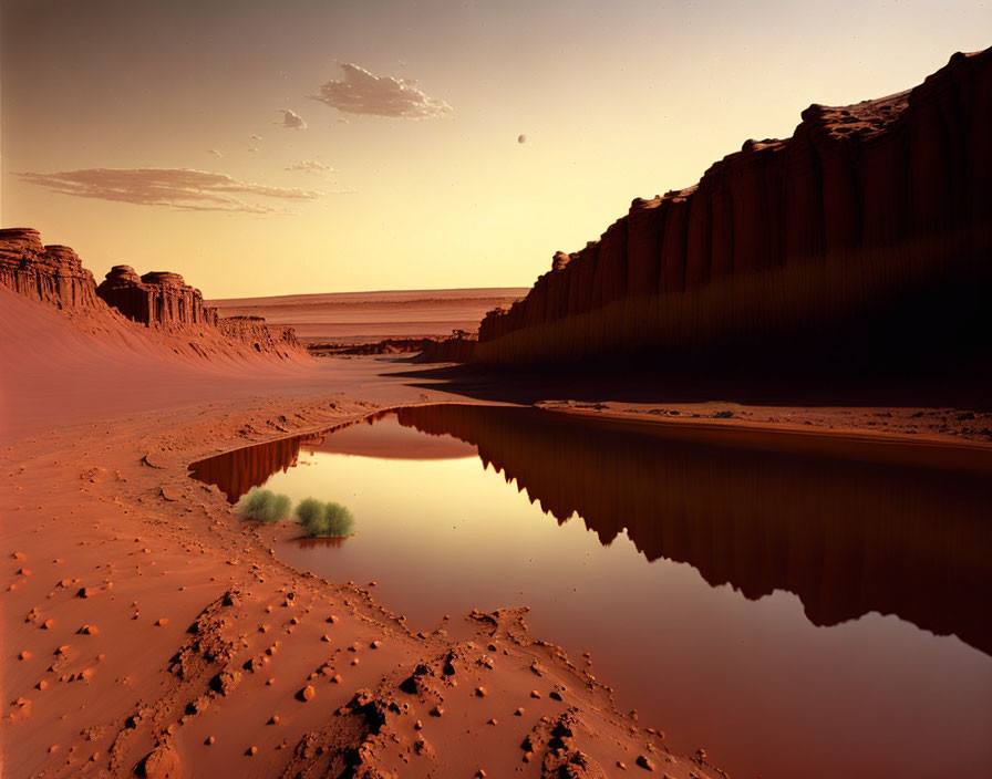 Tranquil desert landscape with water pool at dusk