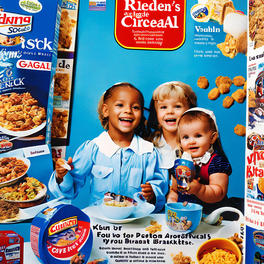 Three Children Posing with Breakfast Products and Vibrant Graphics