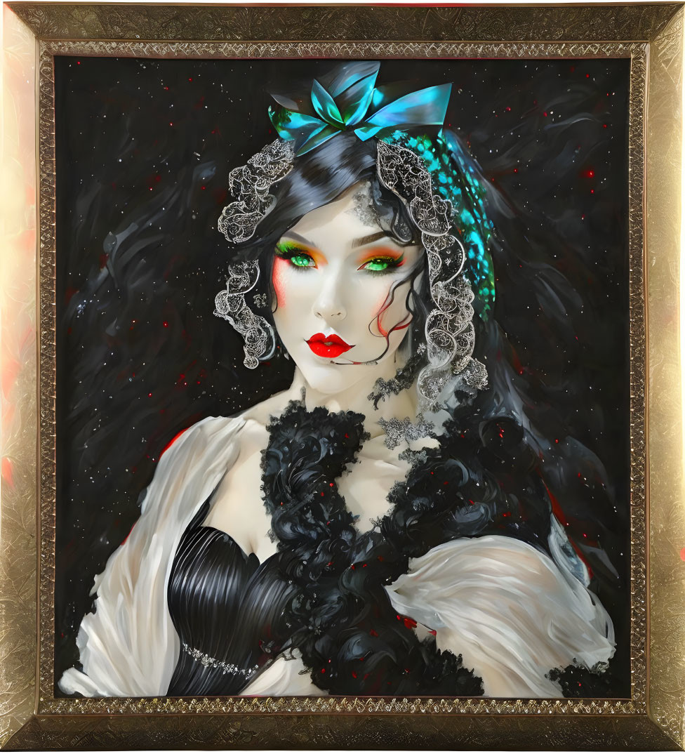 Digital painting: Woman with emerald eyes, red lips, and lace headpiece on starry backdrop