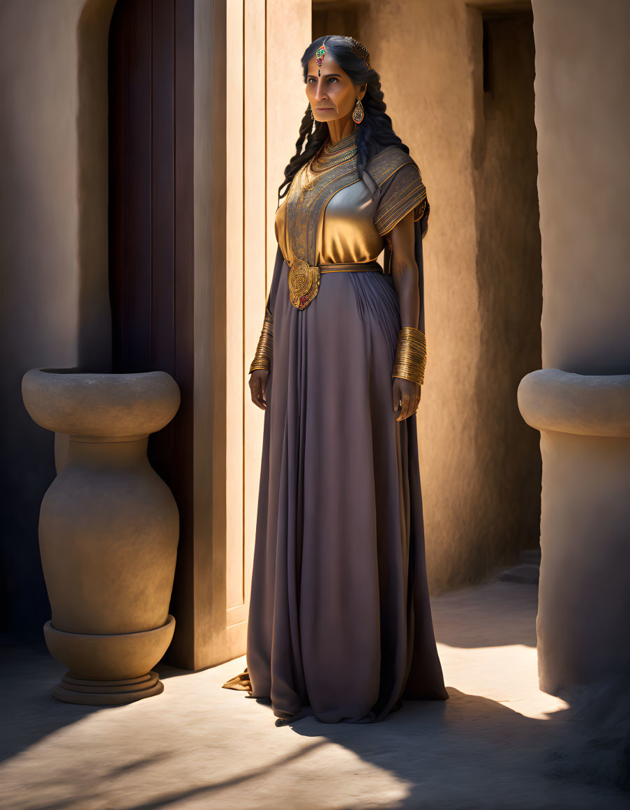 Regal woman in historical attire with braided hair beside a door and clay pots in warm sunlight