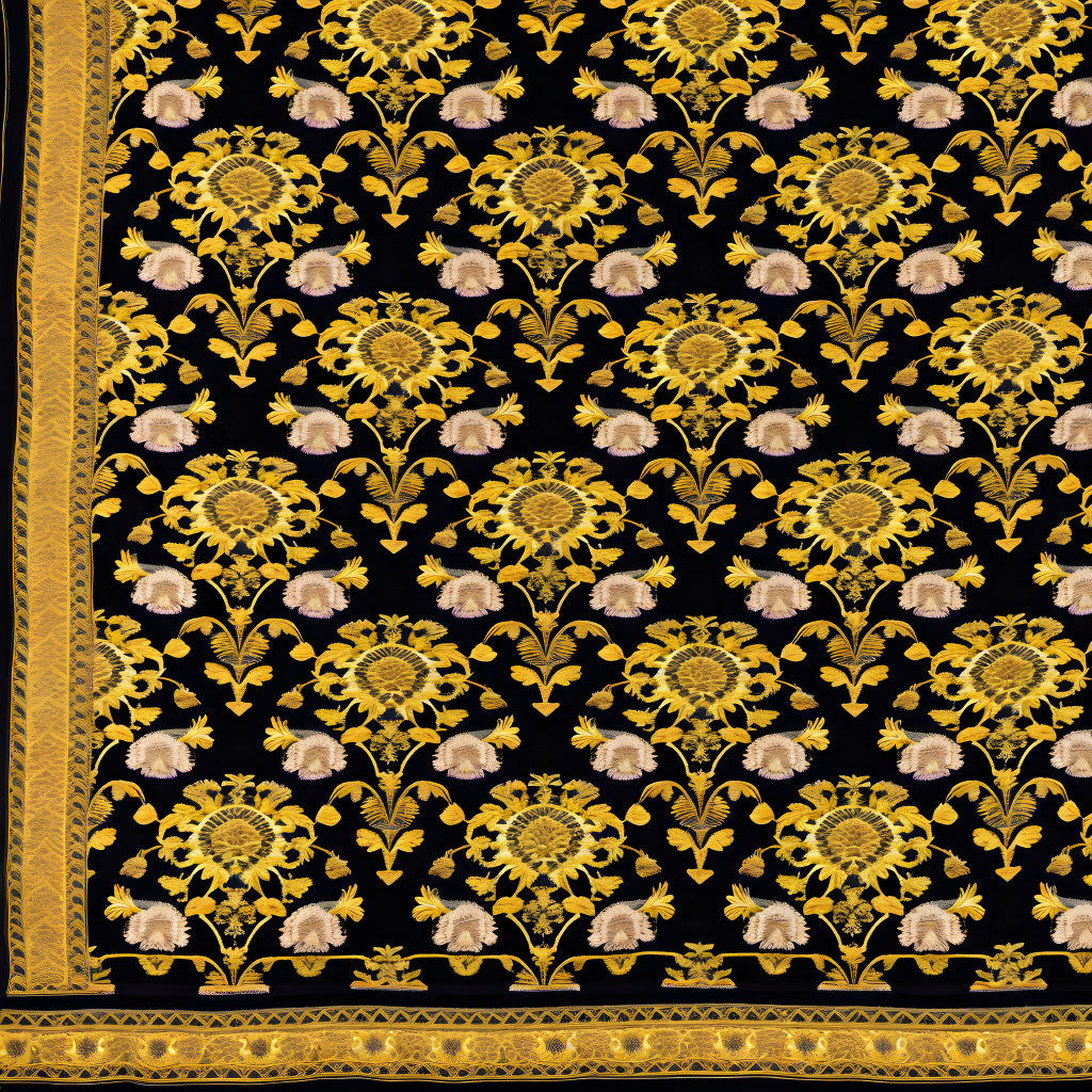 Symmetrical golden floral motifs on black textile with ornate paisley border