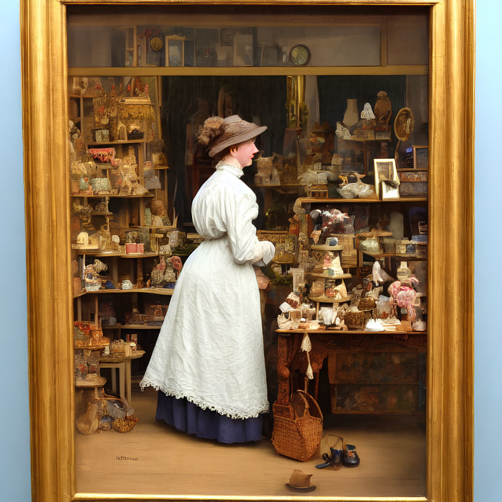 Vintage-clad woman gazes at shop window with trinkets in golden frame