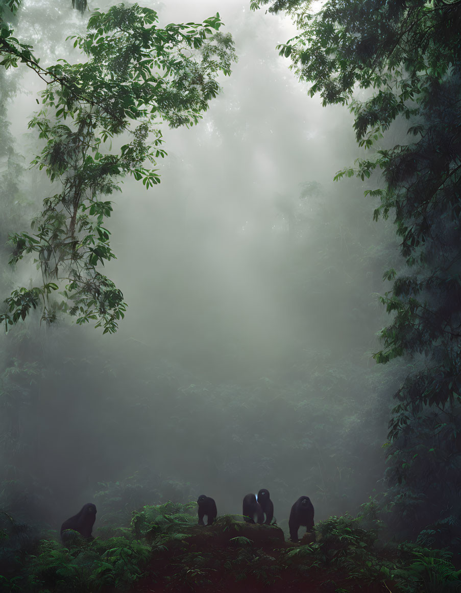 Gorillas in misty green forest with tall trees