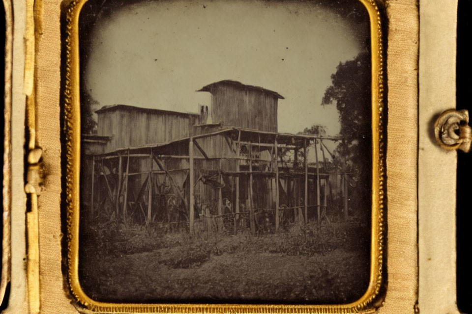 Sepia-Toned Vintage Image: Wooden Structure with Person in Brass Frame