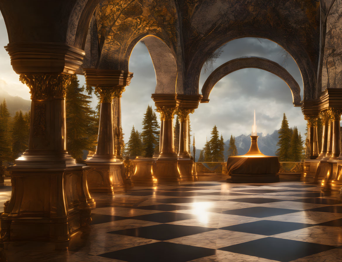 Sunlit Elegant Hall with Checkered Floor, Golden Pillars, Arches, Mountain View