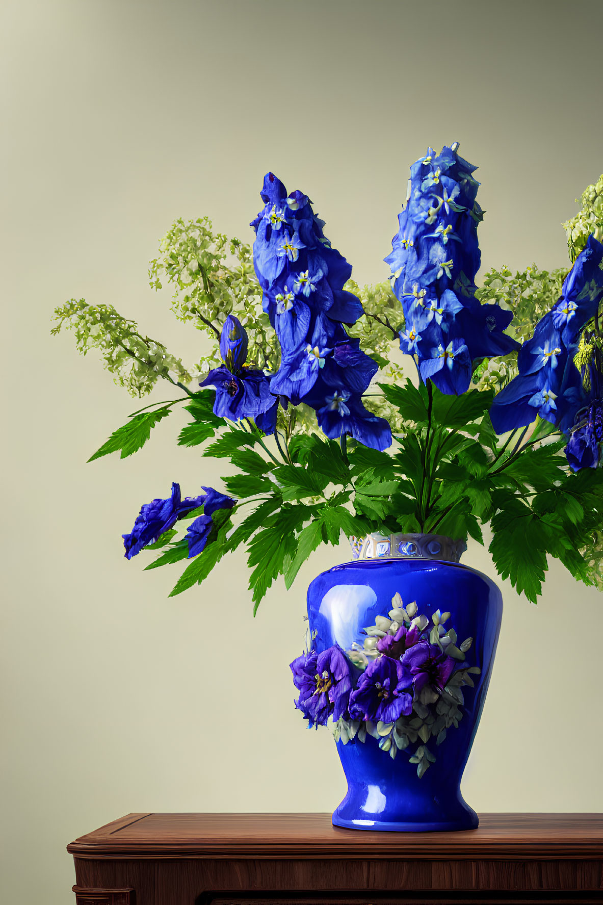 Blue Delphinium Flowers in Ornate Vase on Wooden Surface