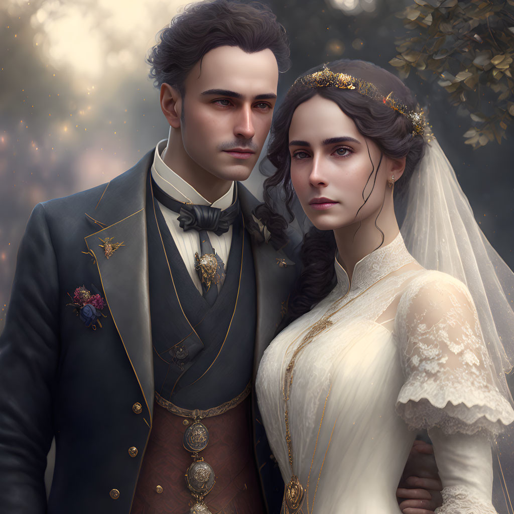 Victorian bride and groom in exquisite period attire serene moment