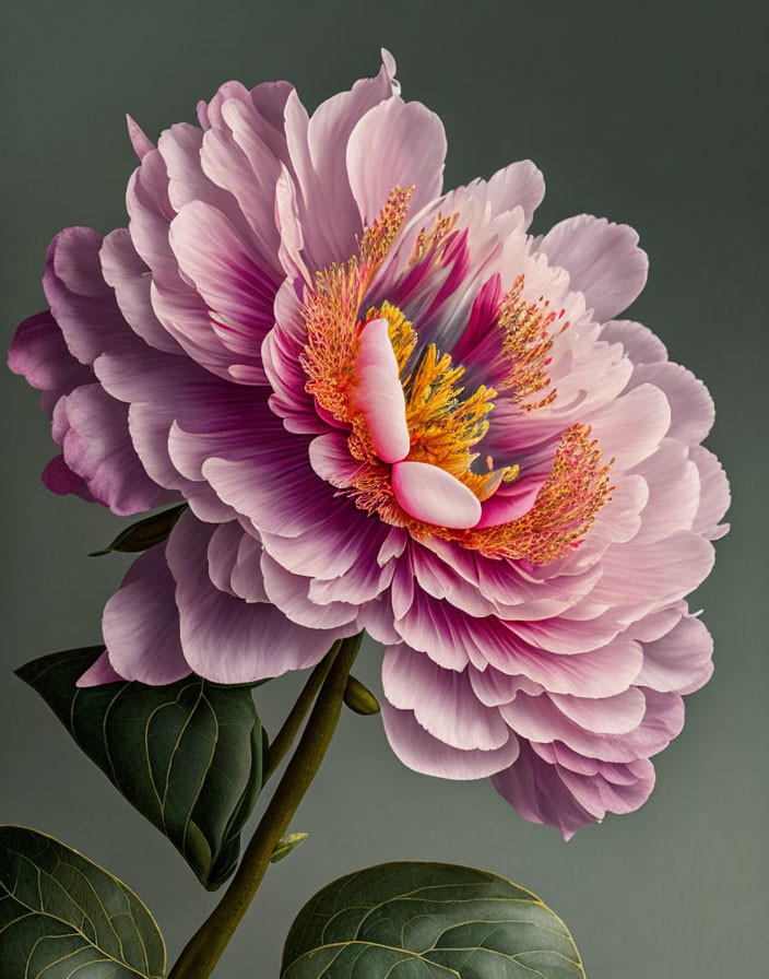 Large Pink Peony with Yellow Stamens on Gray Background