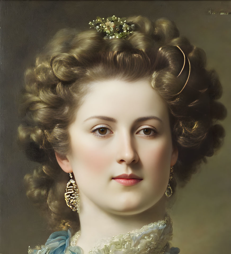 Portrait of a Woman with Curly Hair and Regal Jewelry