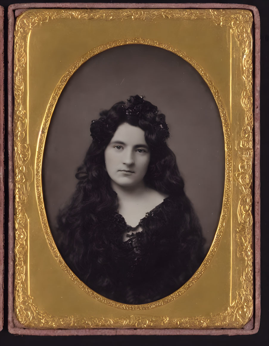 Vintage Portrait of Woman with Dark Wavy Hair in Ornate Oval Frame