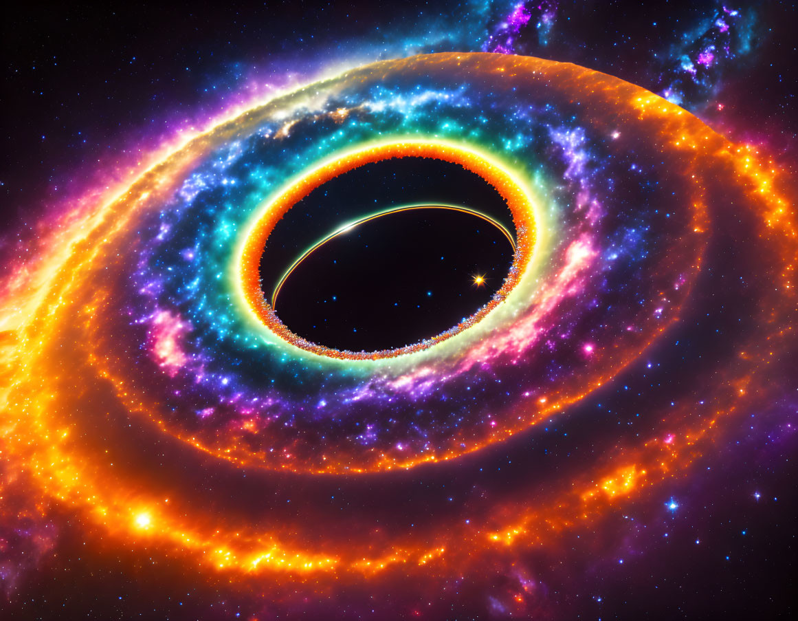 Colorful depiction of black hole with accretion disk in cosmic setting