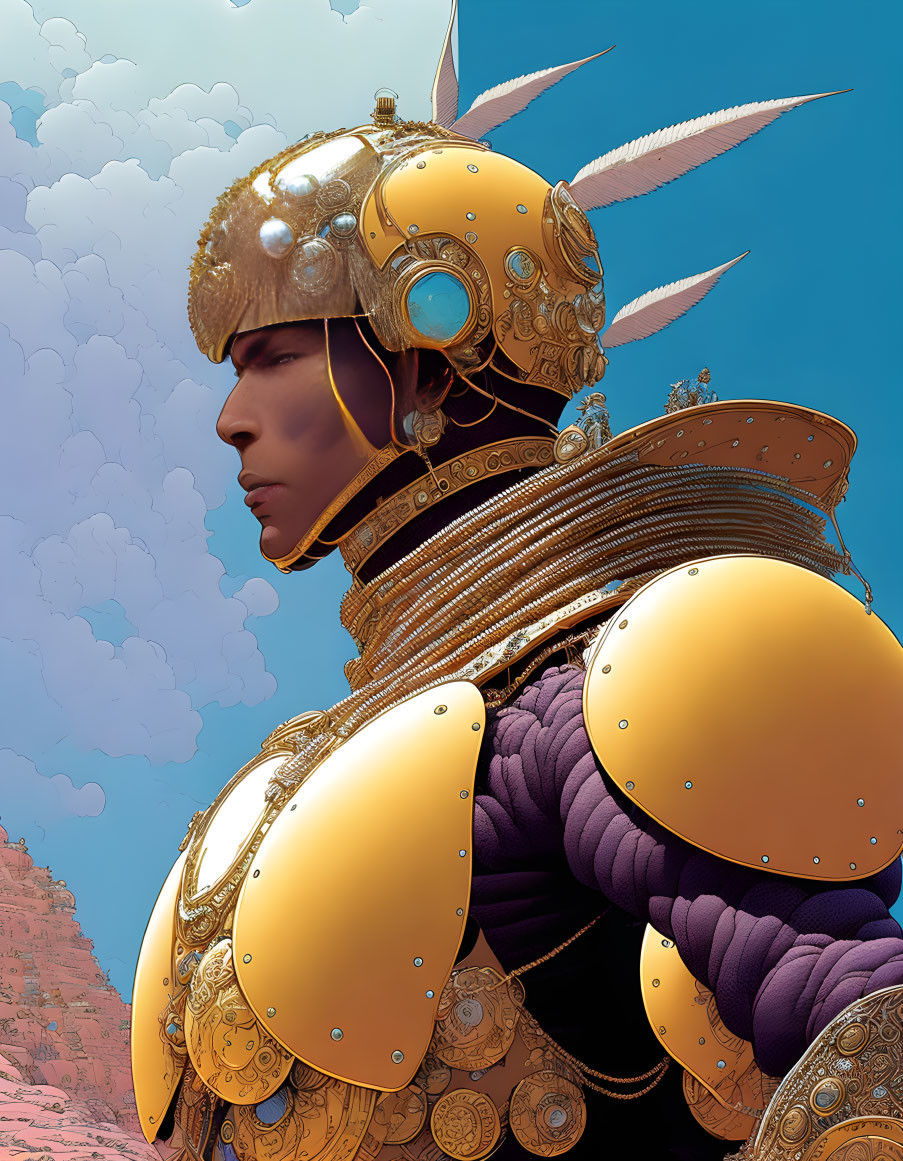 Futuristic gold and purple armor on person against cloudy sky