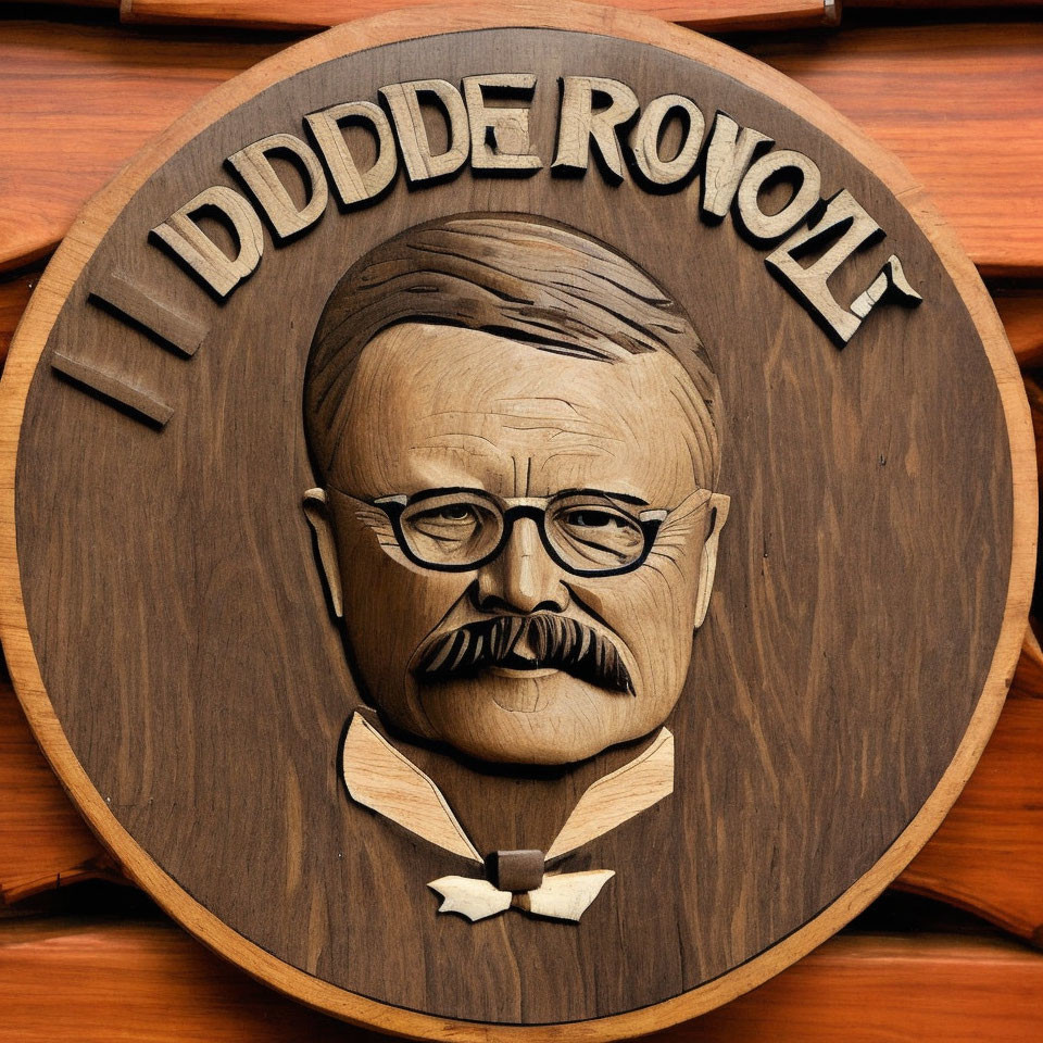 Bas-relief carving of man with glasses, mustache, and bowtie on wooden plaque