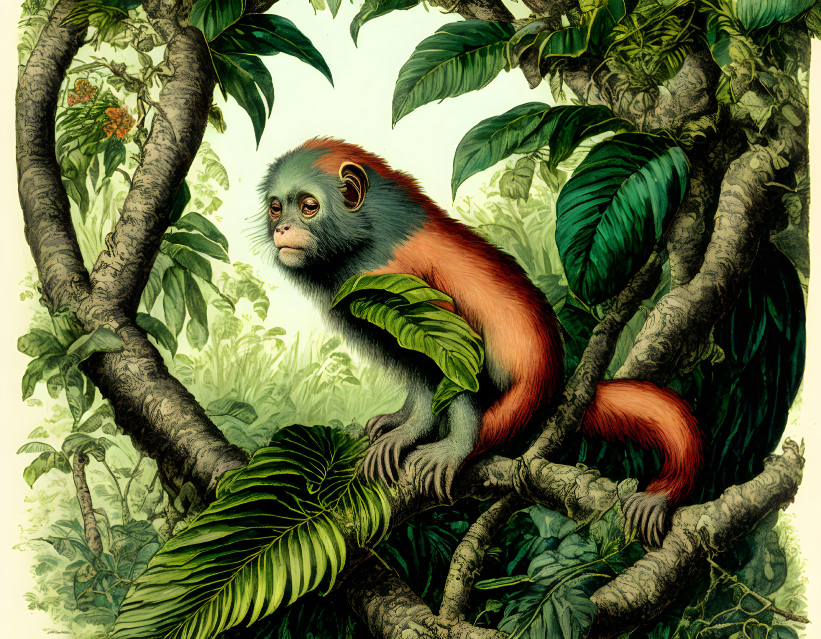 Vibrant red and blue monkey on branch in lush green foliage