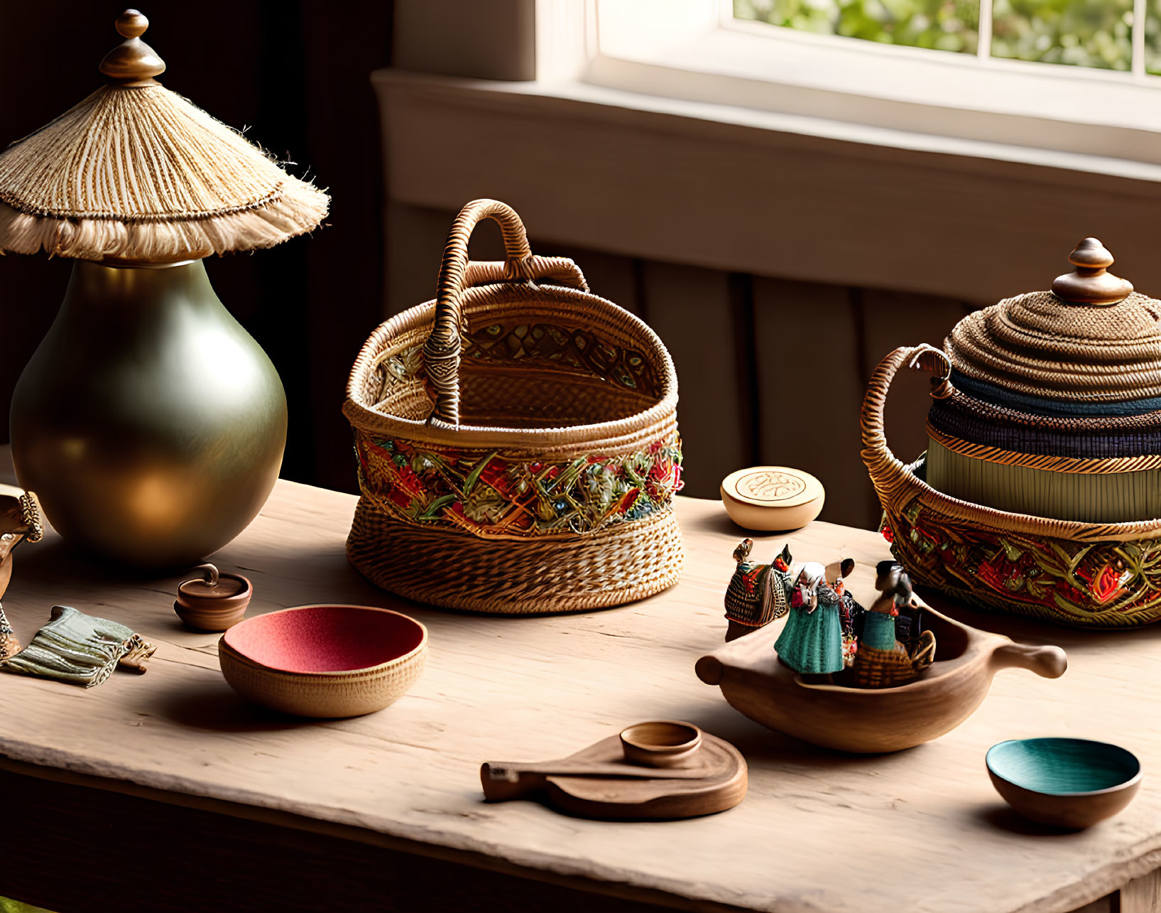 Rustic still-life with woven baskets, wooden bowls, ceramic dishes