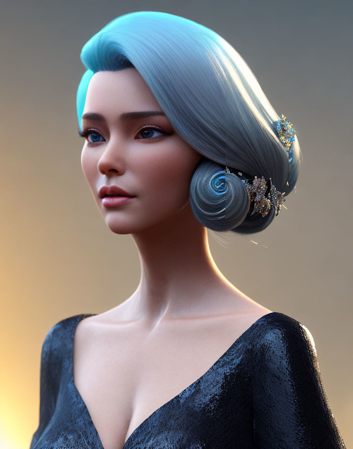 Elegant 3D Female Character with Blue Updo Hair and Gold Accessories