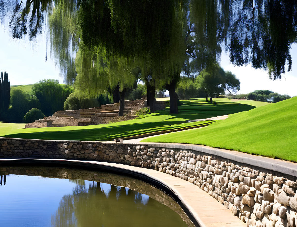 Tranquil golf course with lush greenery and stone-lined pond