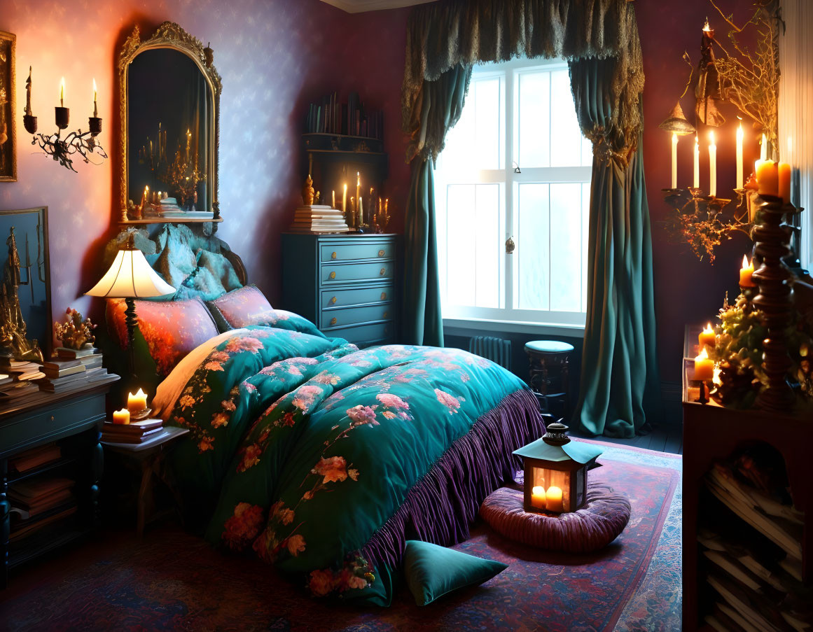 Dimly lit bedroom with floral bedspread, candles, antique furniture, blue-green curtains